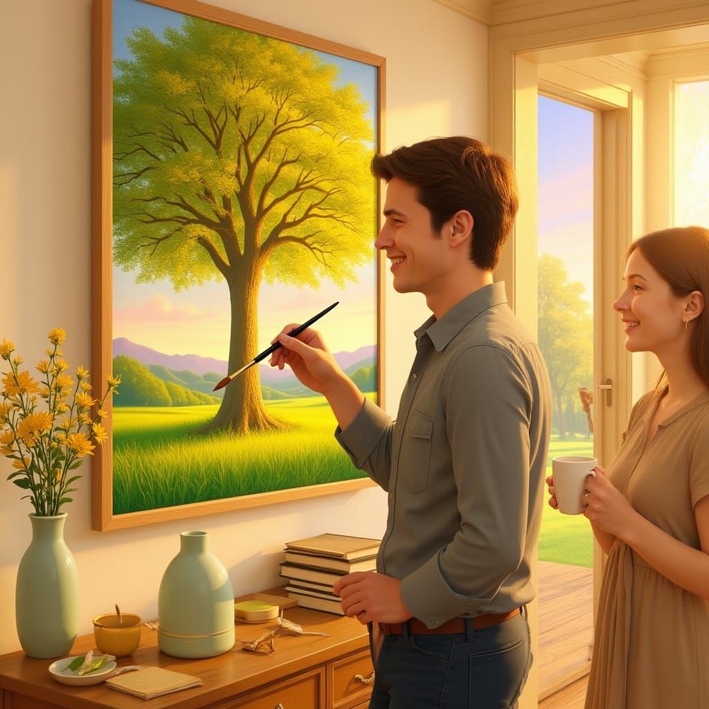 Man Painting Landscape in Studio, Golden Light