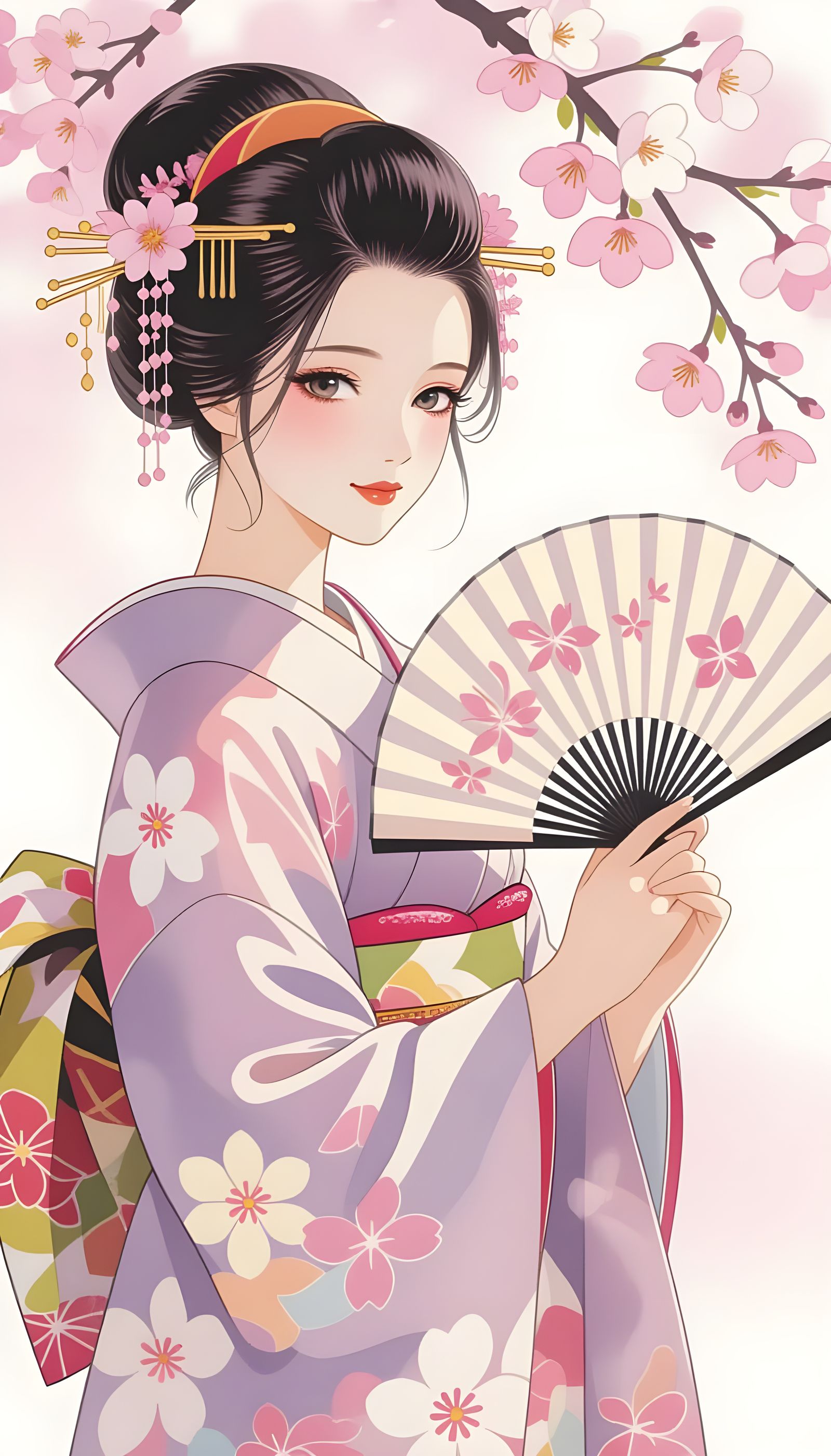Elegant Japanese Girl in Kimono, Watercolor Style