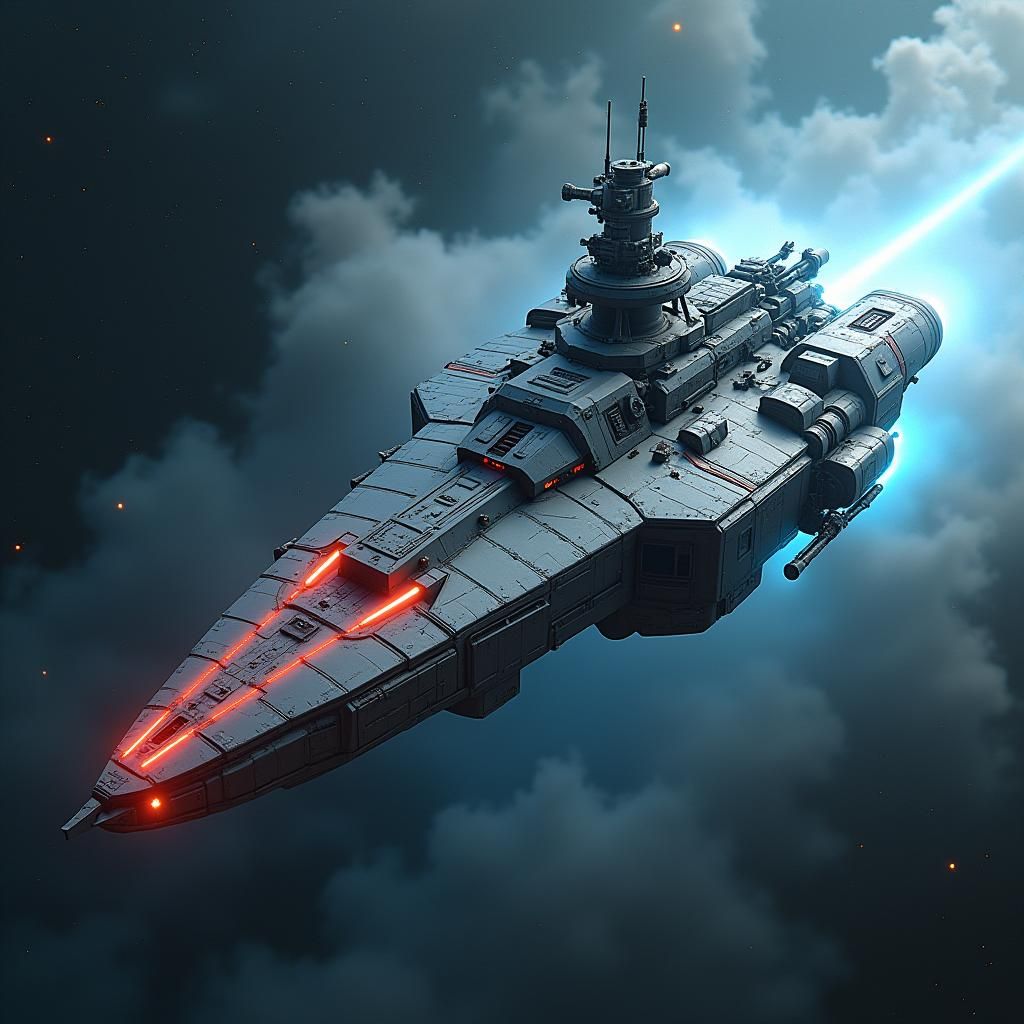 Silver Warship Patrols Nebula in Rugged Futurism Style