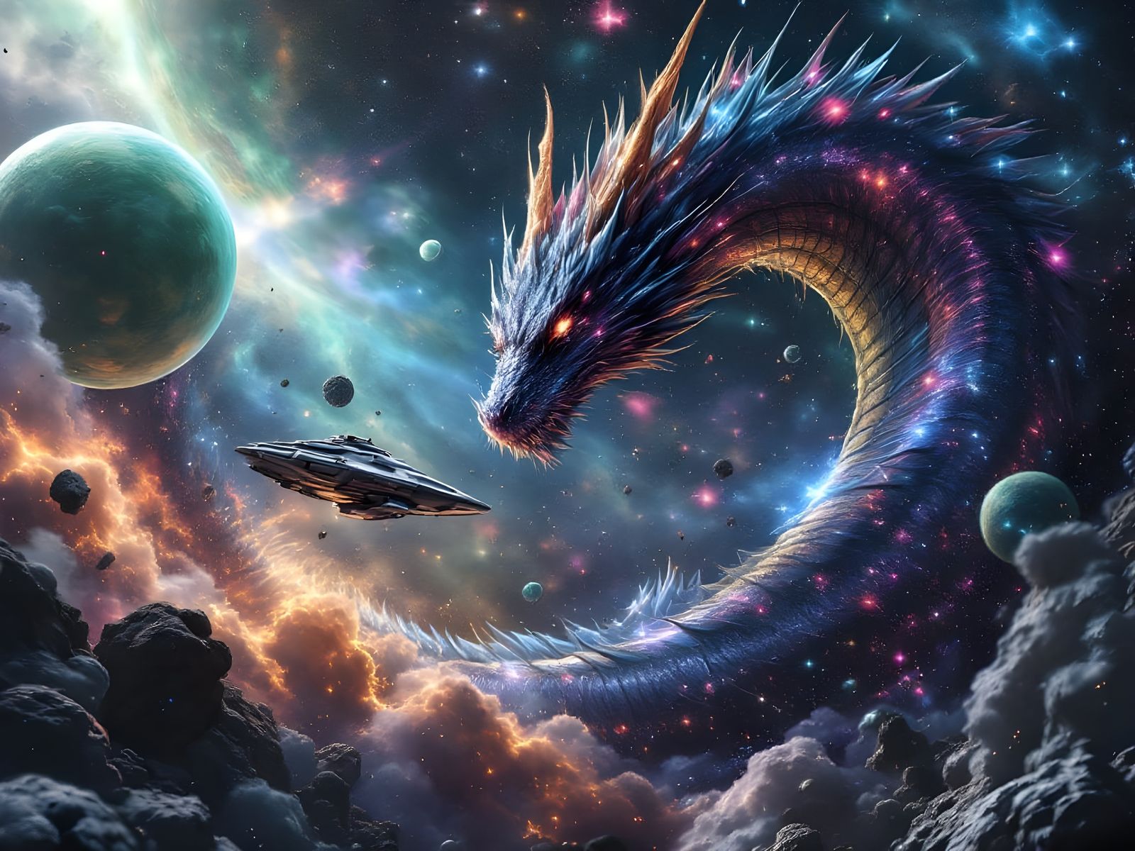 Cosmic Dragon Examines Spaceship in Deep Space