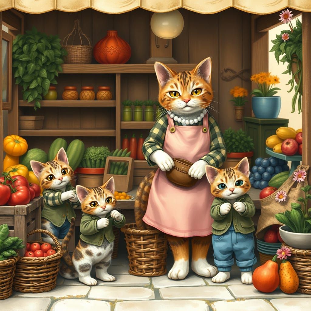 Anthropomorphic Cats in a Quaint Market Setting