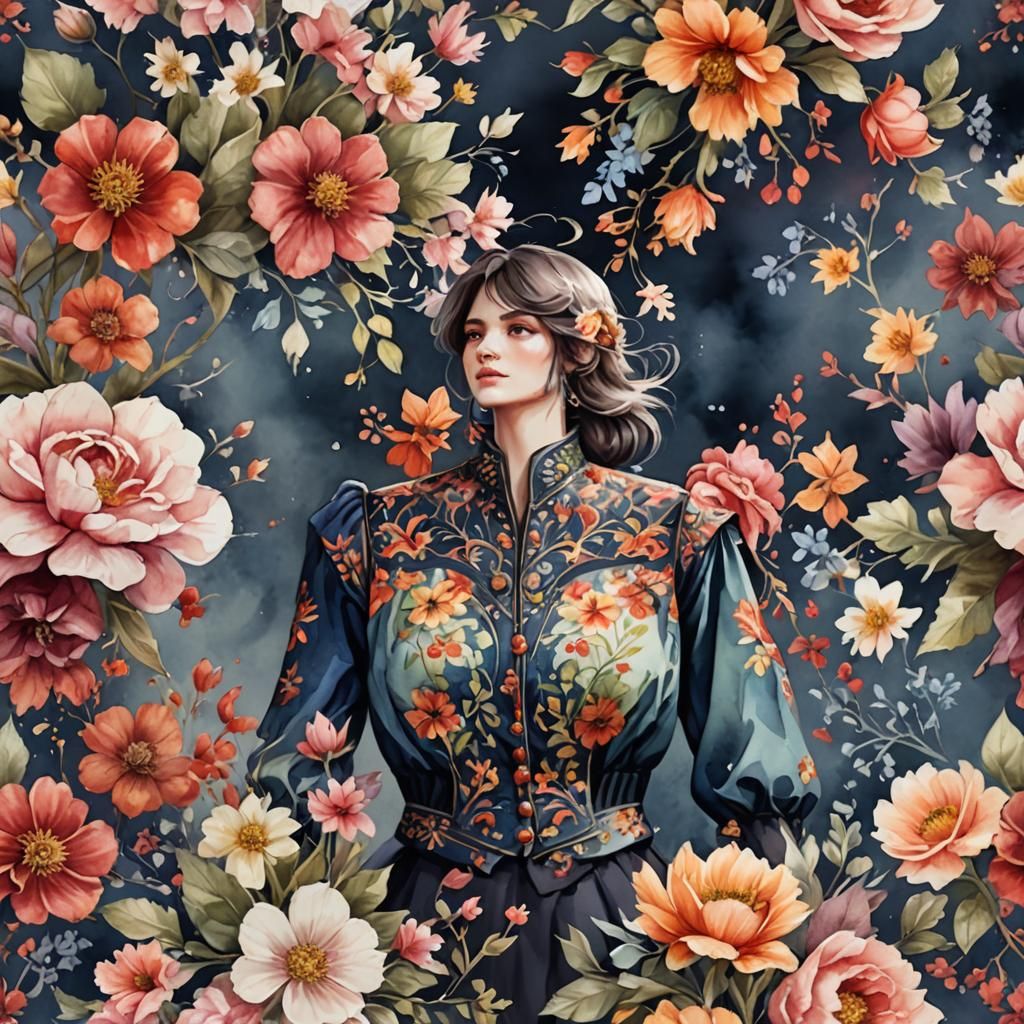 Watercolor Floral Textile Blouse in Detailed Painting
