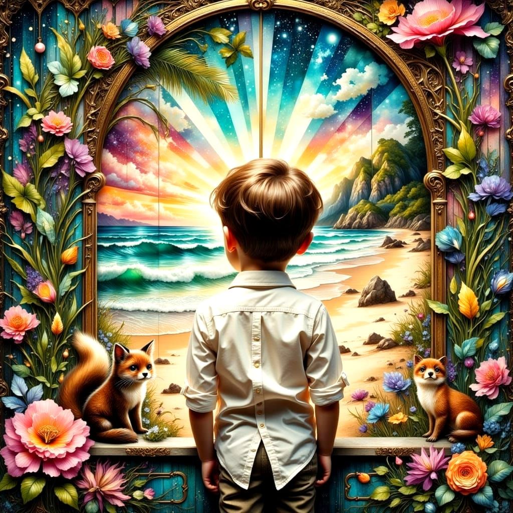 Surreal Boy Dreams of Whimsical Beach Scene in Vibrant, Text...