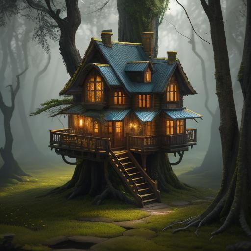 Enchanted Treehouse in a Vibrant Oil Painting