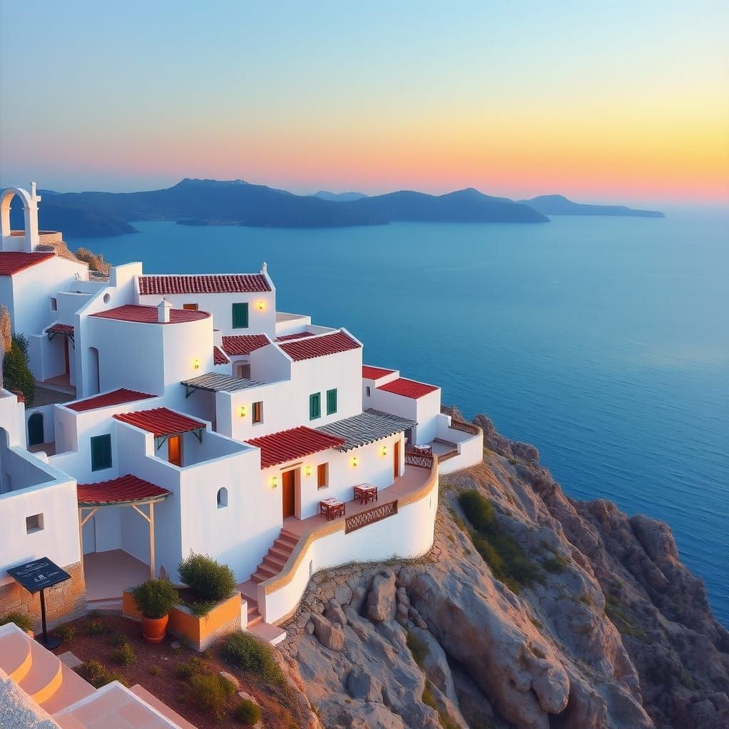 Greek Taverna at Sunset in Soft Watercolor