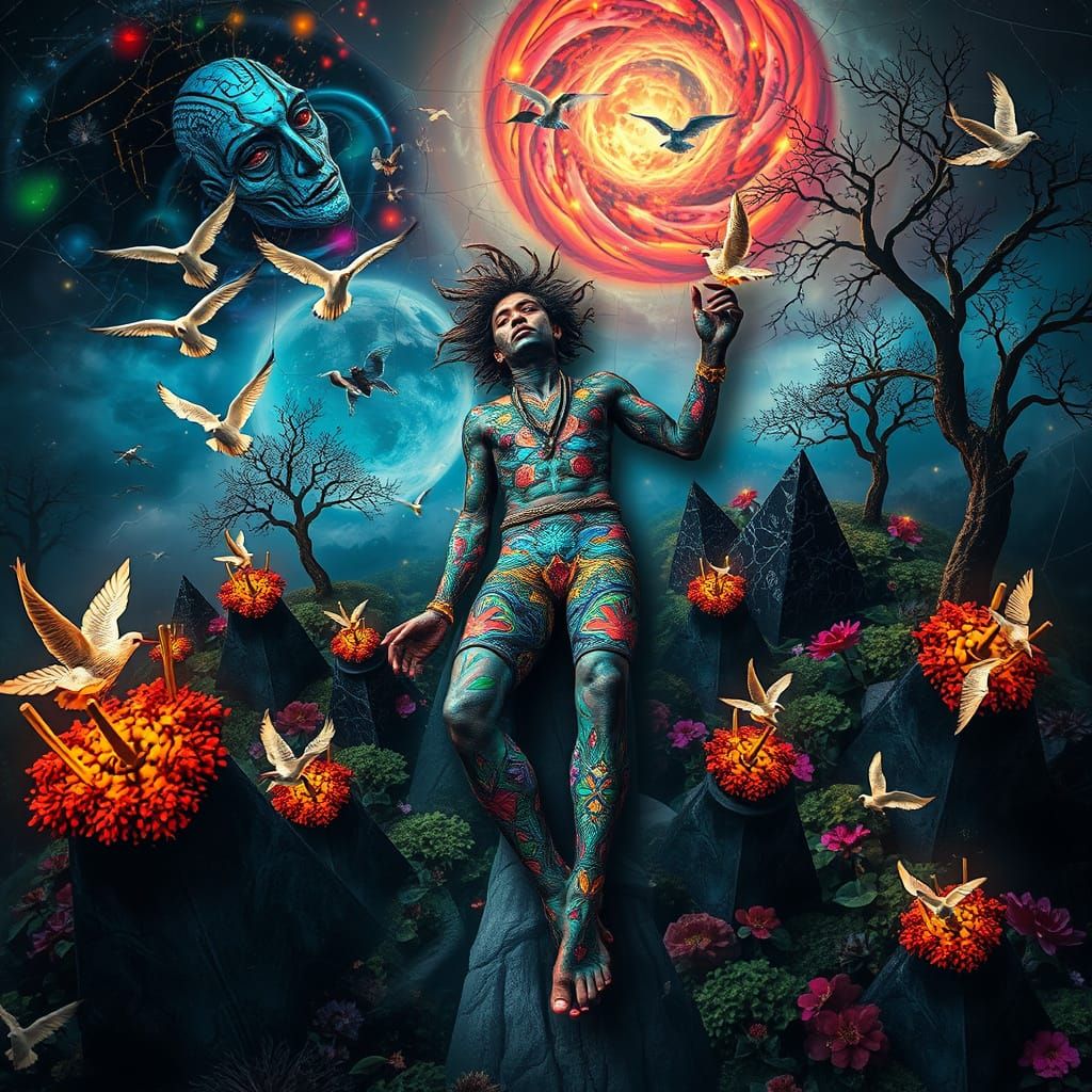 Mystical Prince Dances on Pyramids: A Bio-Art Collage