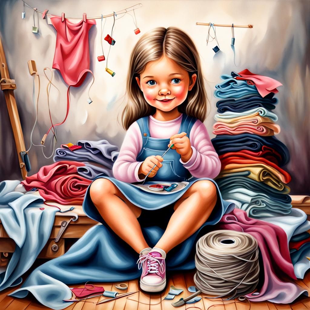 Girl Sewing in Whimsical Airbrush Oil Painting