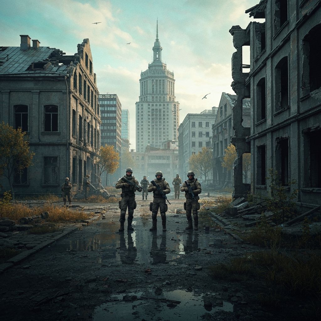 Warzone-Inspired Cityscape with Soldiers in Tactical Gear