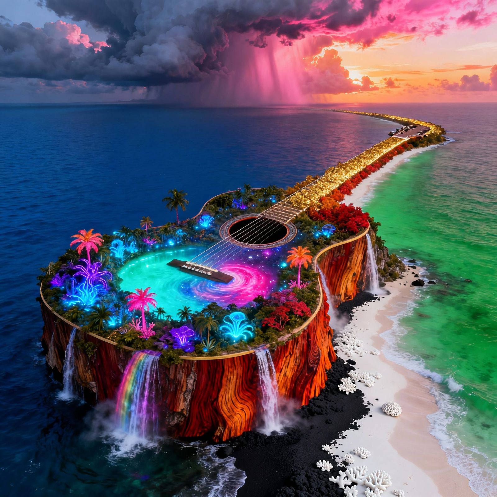 Acoustic Guitar Island in Bioluminescent Ocean