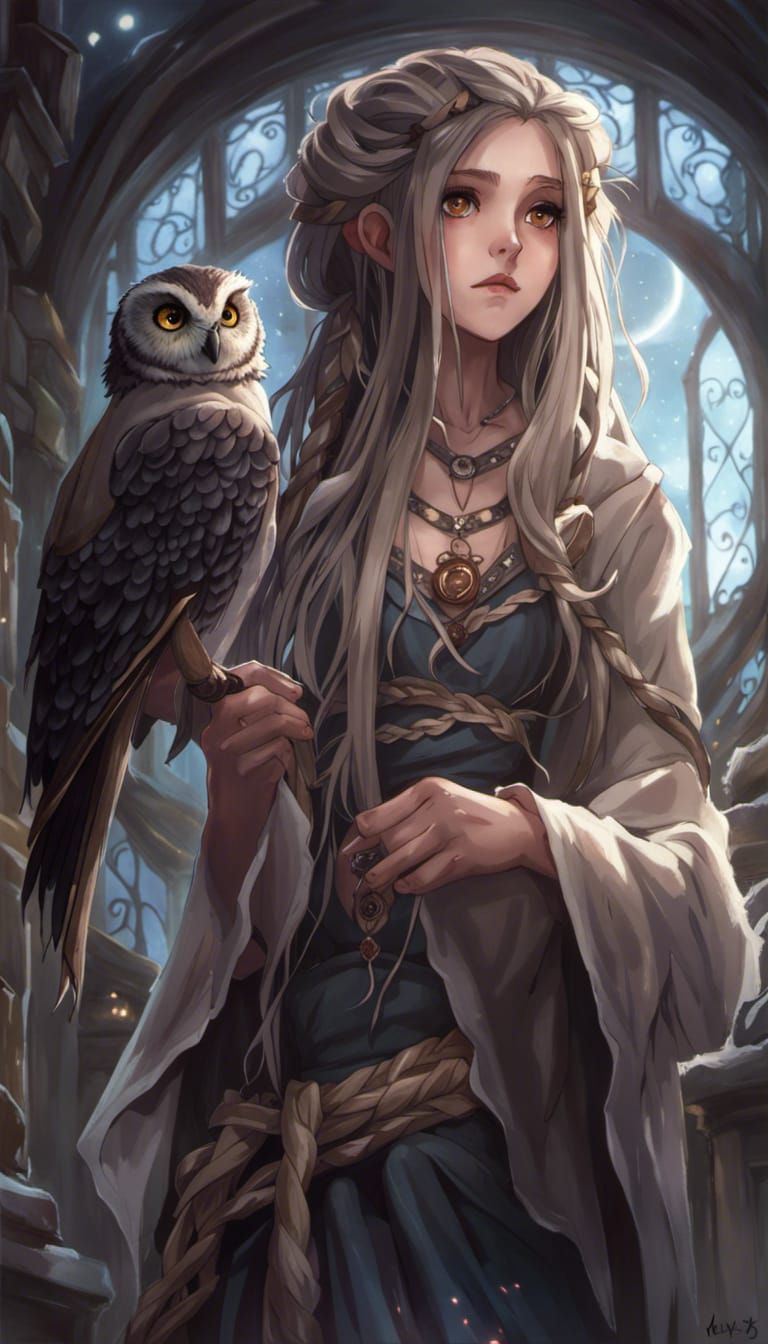 Owl Witch in Arcane Bookstore: Fantasy Anime Art