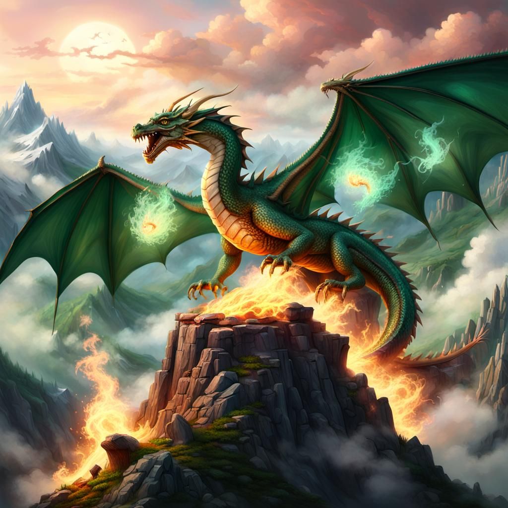 Emerald Dragon Roasting Marshmallows on Mountain Peak