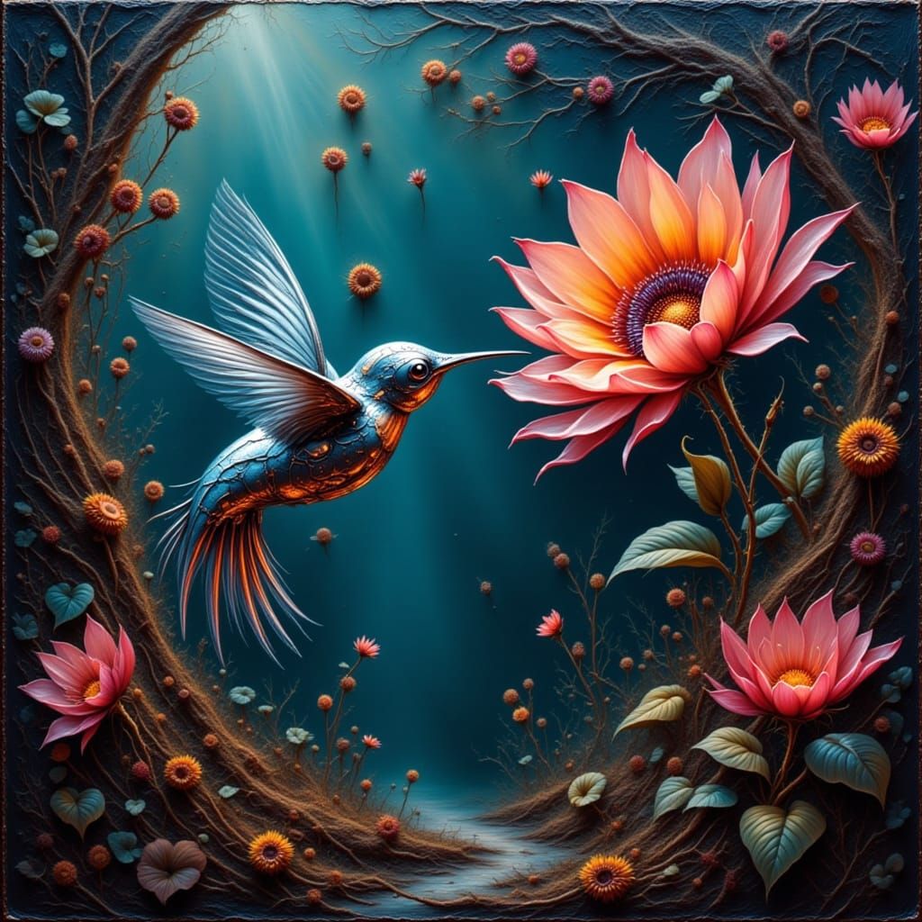 Biomechanical Hummingbird in Cyberpunk Glitchcore Style