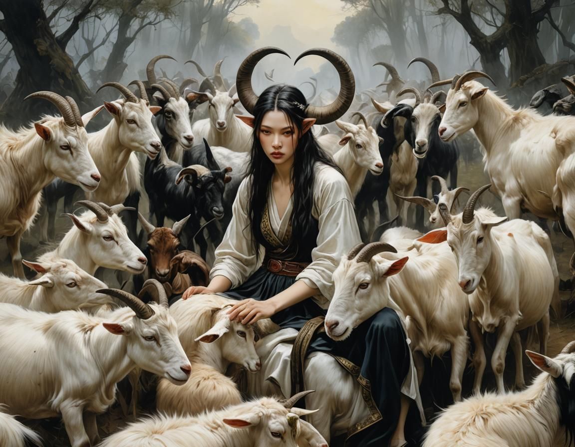 Girl tending goats in Dittmann and Royo Style