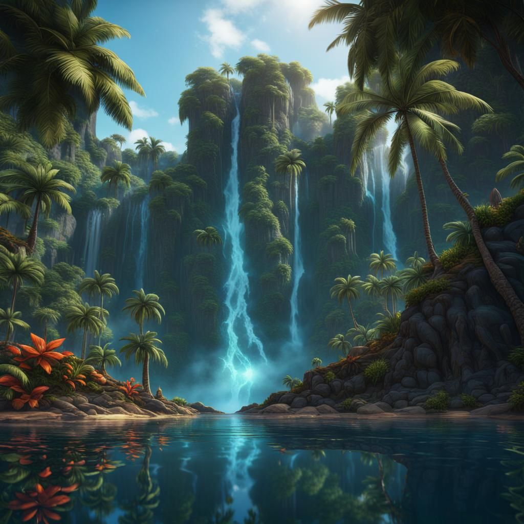 Island Paradise Waterfall Reflection in Detailed Matte Paint...