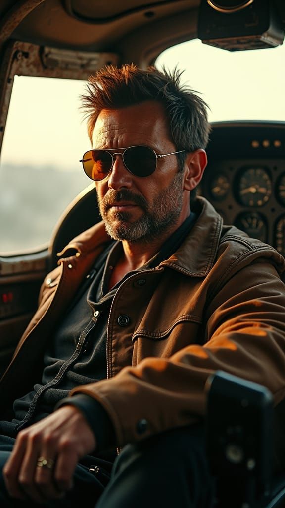 Intense Airplane Pilot in Film Noir Style