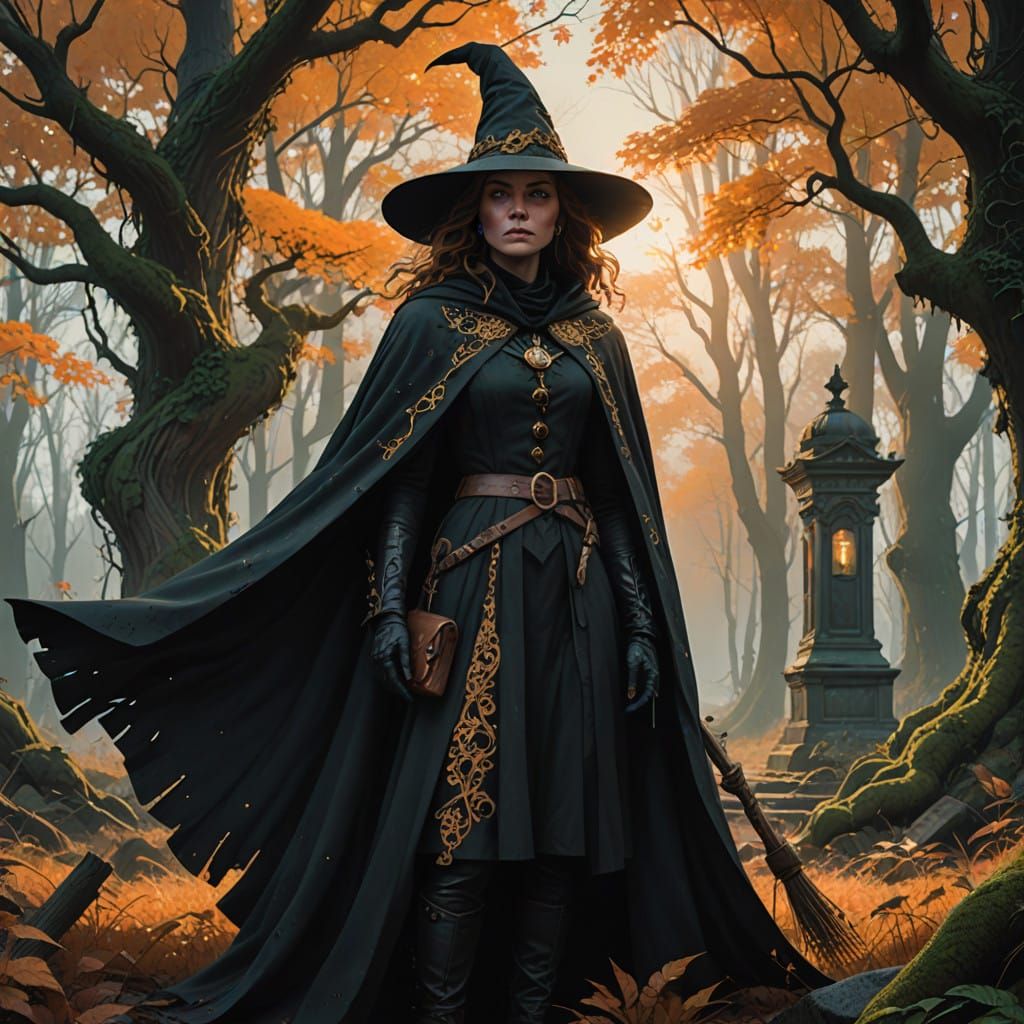 Witch Stands Confidently on One Leg in Autumnal Landscape
