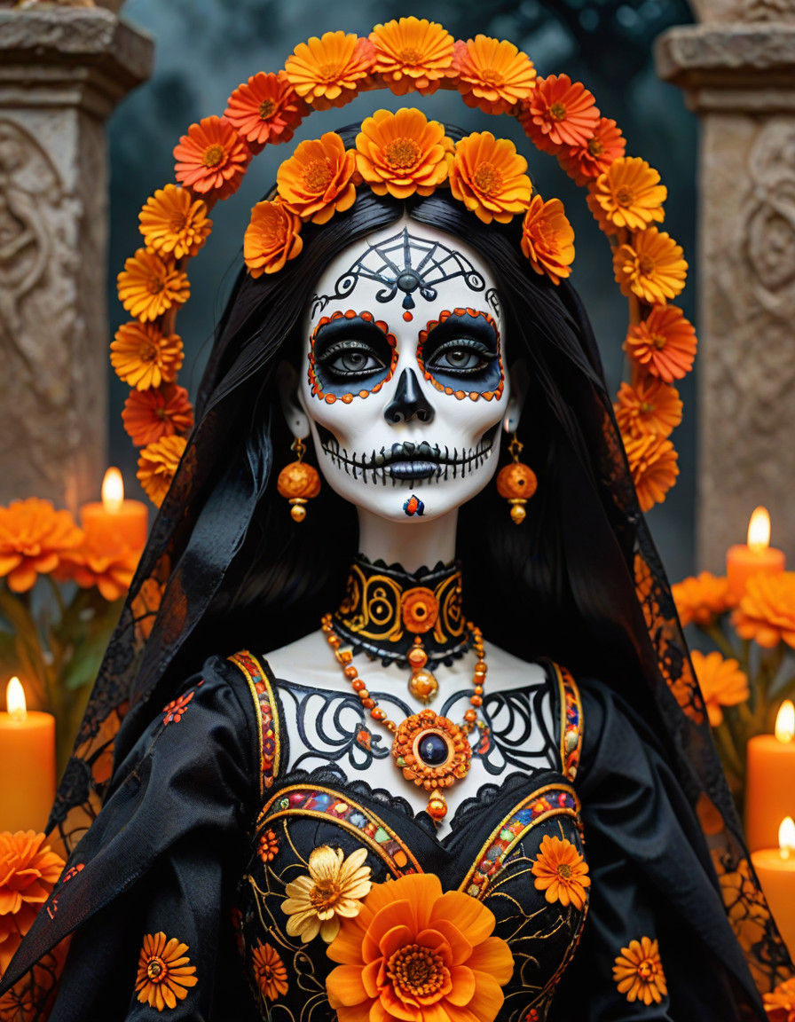 Vibrant Mexican Barbie Doll as Day of the Dead Angel in Trad...
