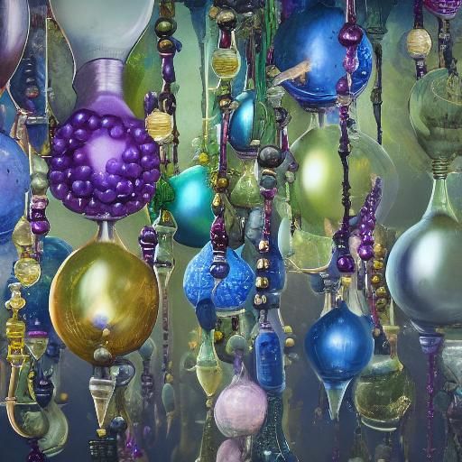 Light bulbs wine bottles spheres beads of black pearls