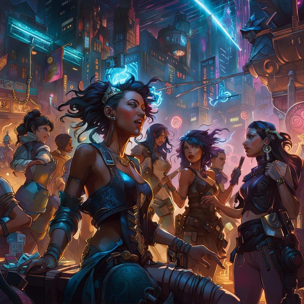cyberpunk party with students dancing laughing
