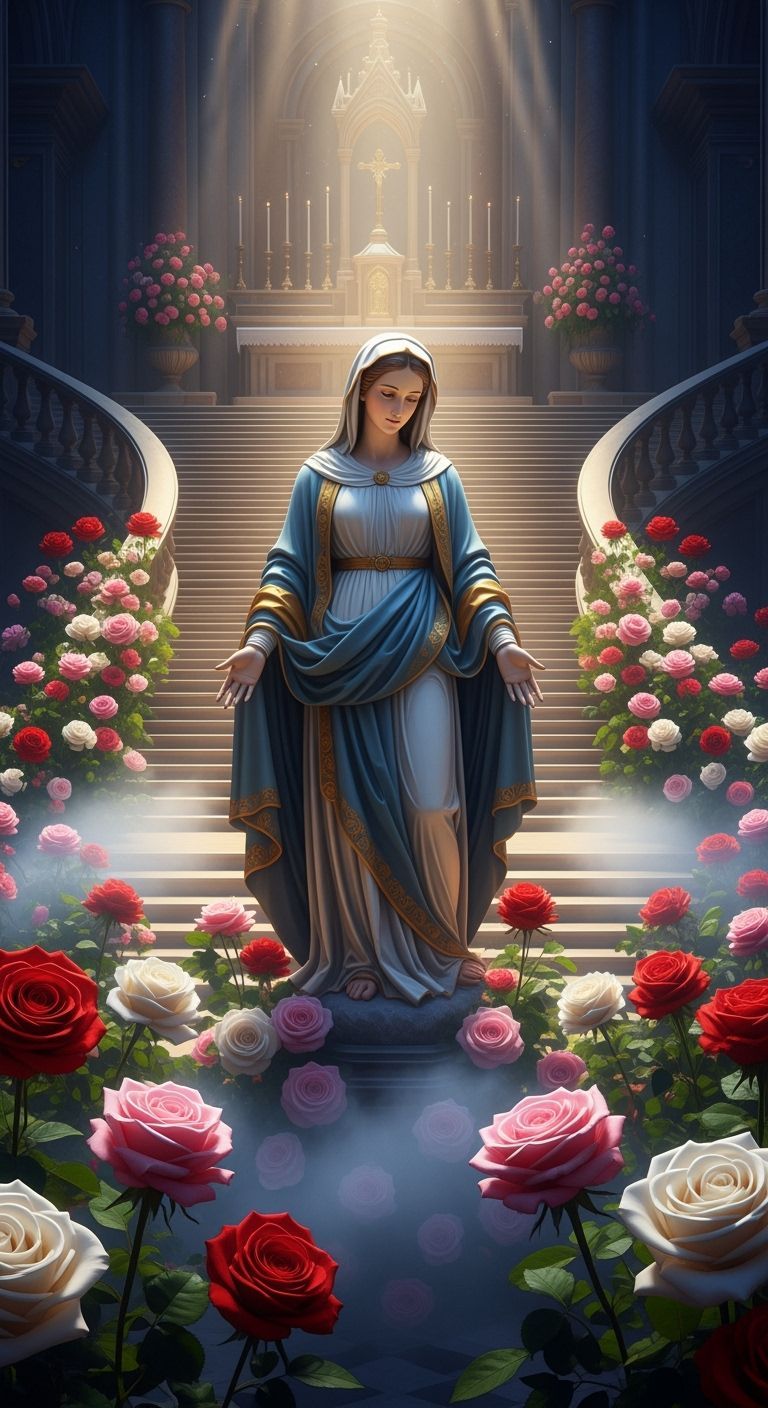 Madonna Statue in Dreamy Rose Garden with Ethereal Mist