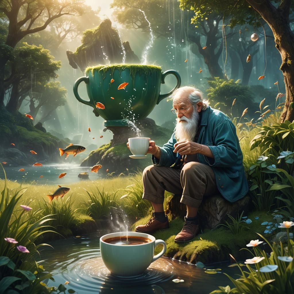 Old Man Fishing in Coffee Cup Fantasy Art