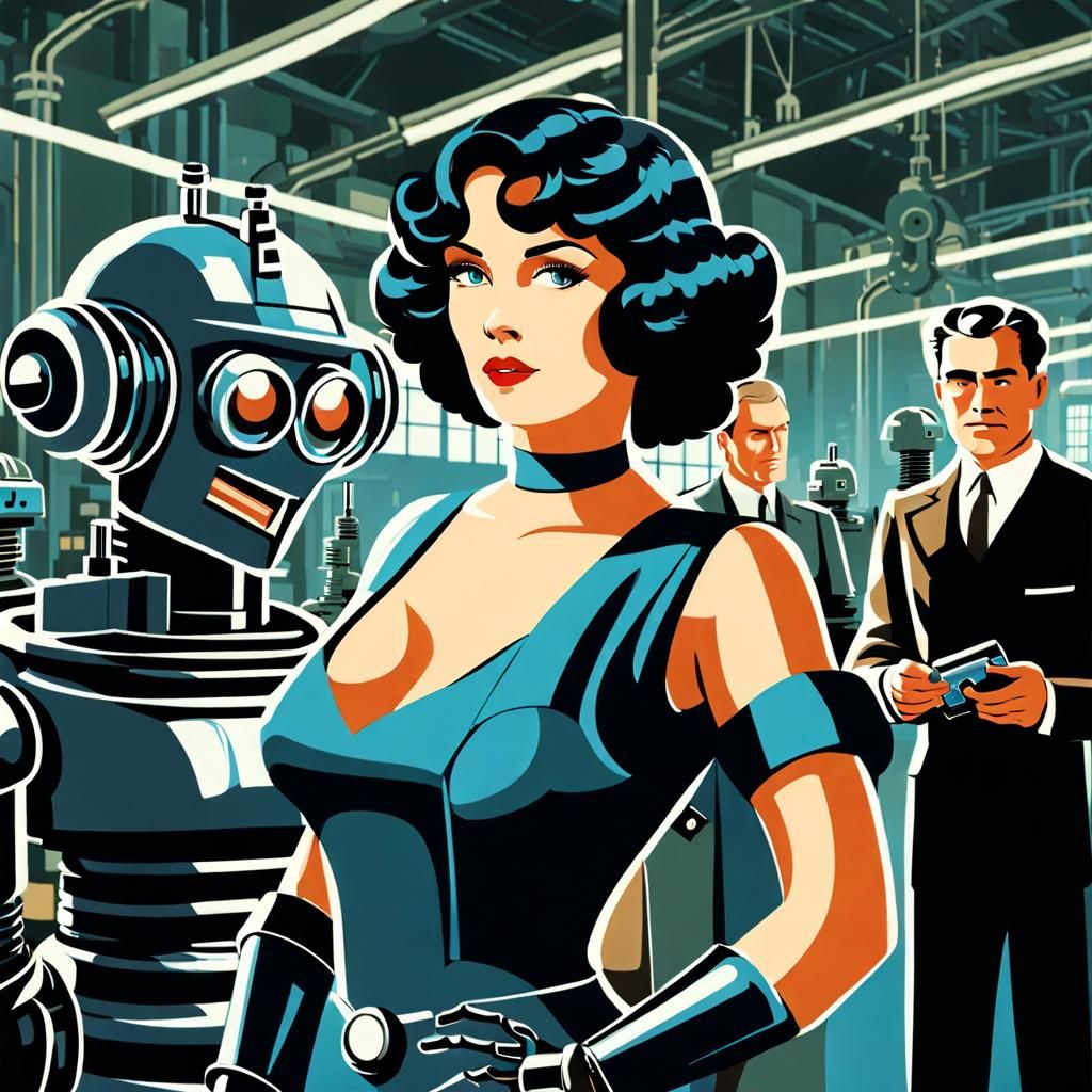 Retro Factory Scene with Woman and Robot