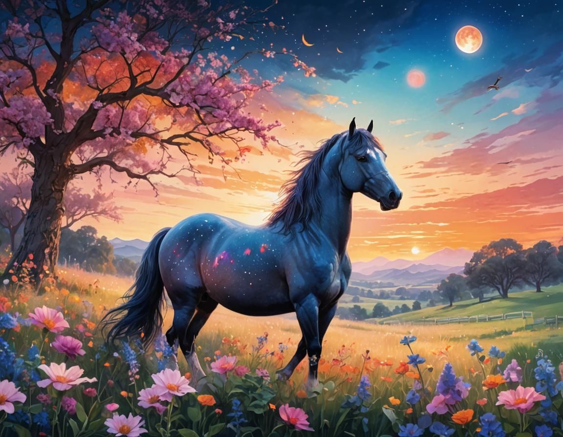 Blue Horse in Floral Field: Hyperrealistic Digital Art
