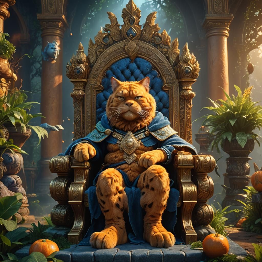 Garfield on Throne in Fantasy Kingdom