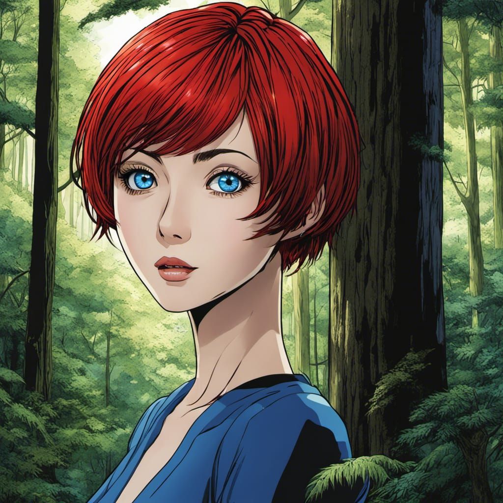 Anime Woman with Red Hair in Forest, Sharp Detail