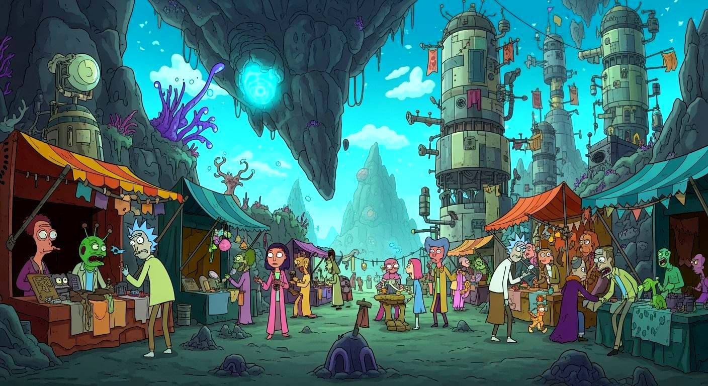 Exoplanet Marketplace in Rick and Morty Style