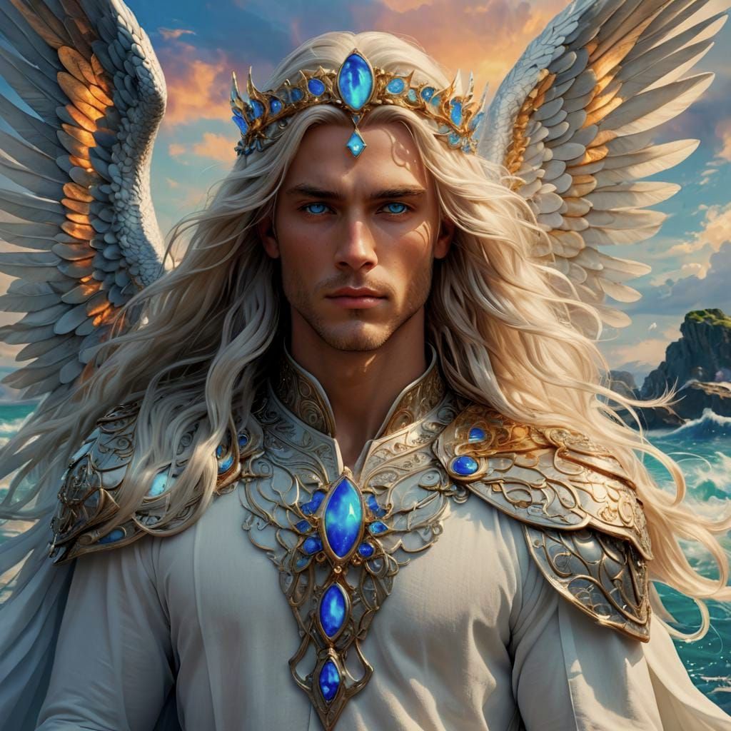 Nordic Prince with Iridescent Wings Over Atlantis