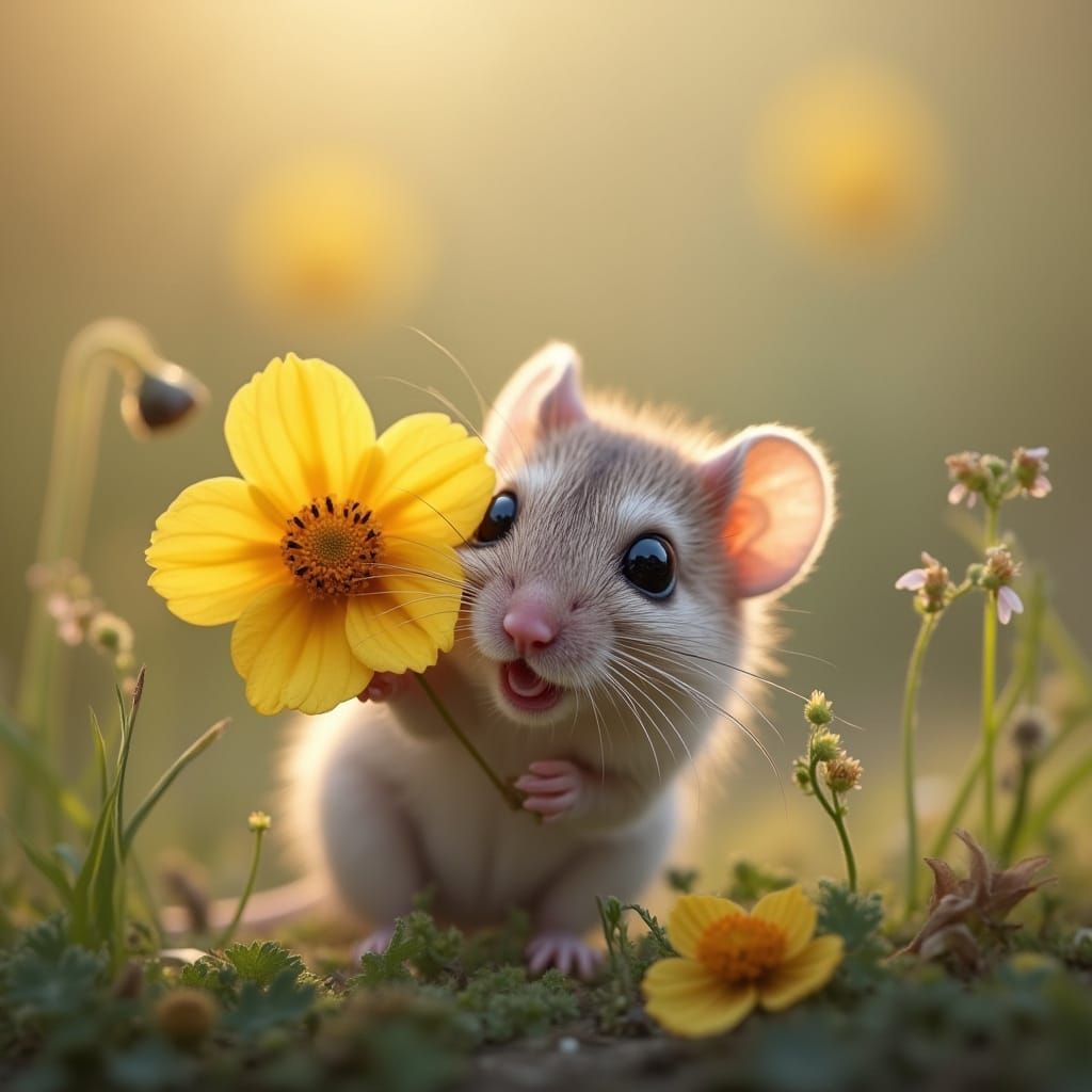 Shy Tiny Mouse Peeking Behind a Flower
