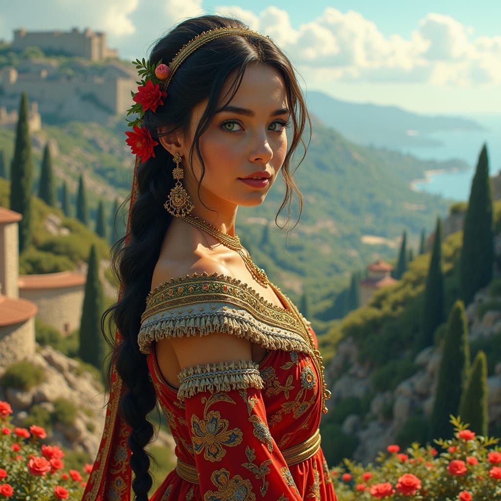 Sardinian Woman with Emerald Eyes in Fantasy Landscape