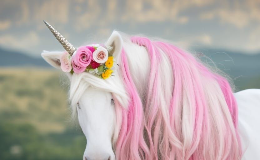 Unicorn with Floral Hair Under Starry Sky