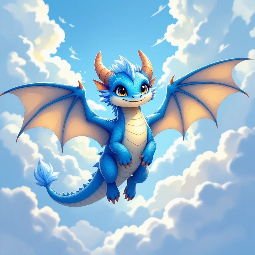 Blue Dragon Soars Through Clouds in Painterly Digital Art St...