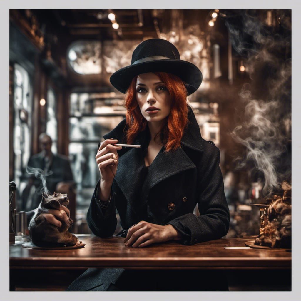 Noir Redhead Detective in Futuristic Coffee Shop