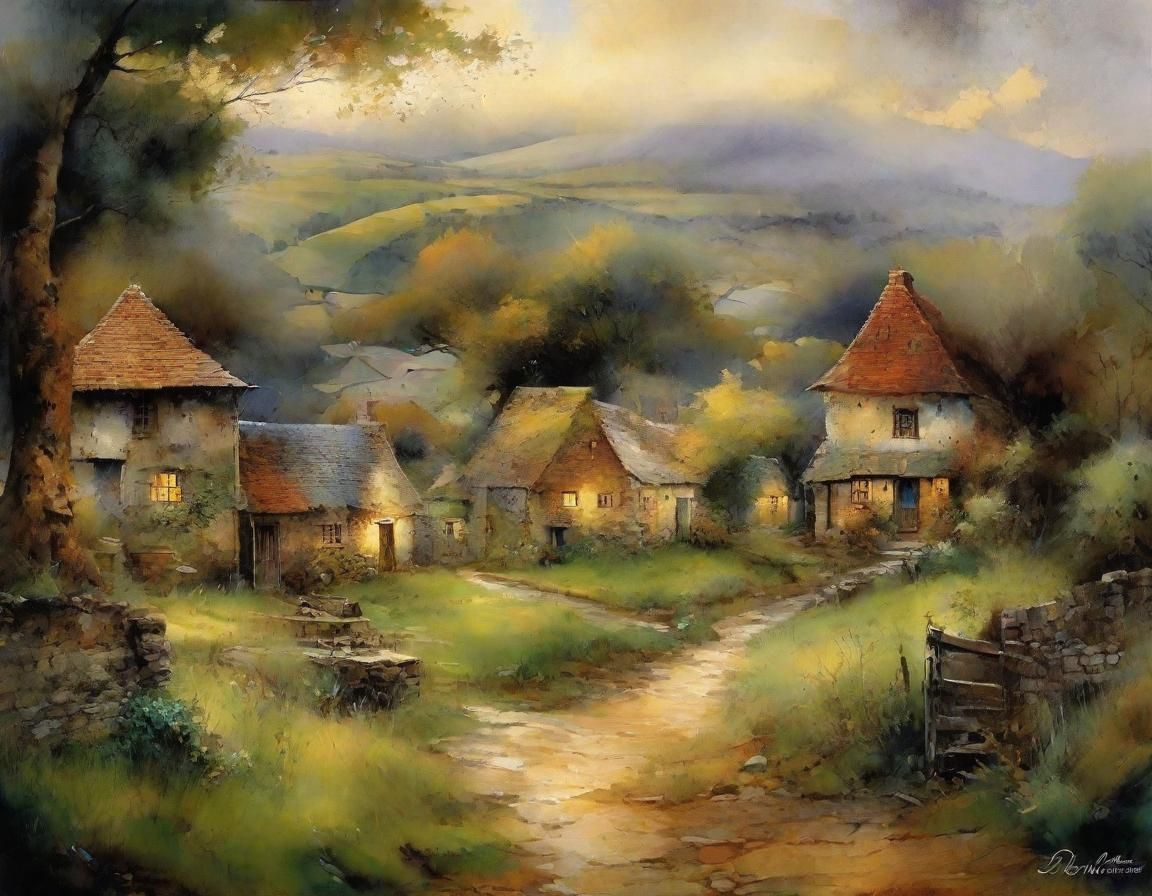 Enchanted Village by the Mountain: Watercolor Painting