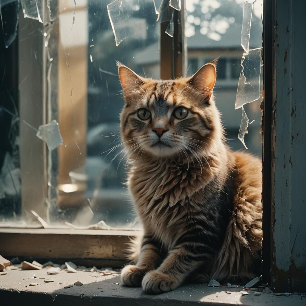 Cat Beside Broken Window in Cinematic Style