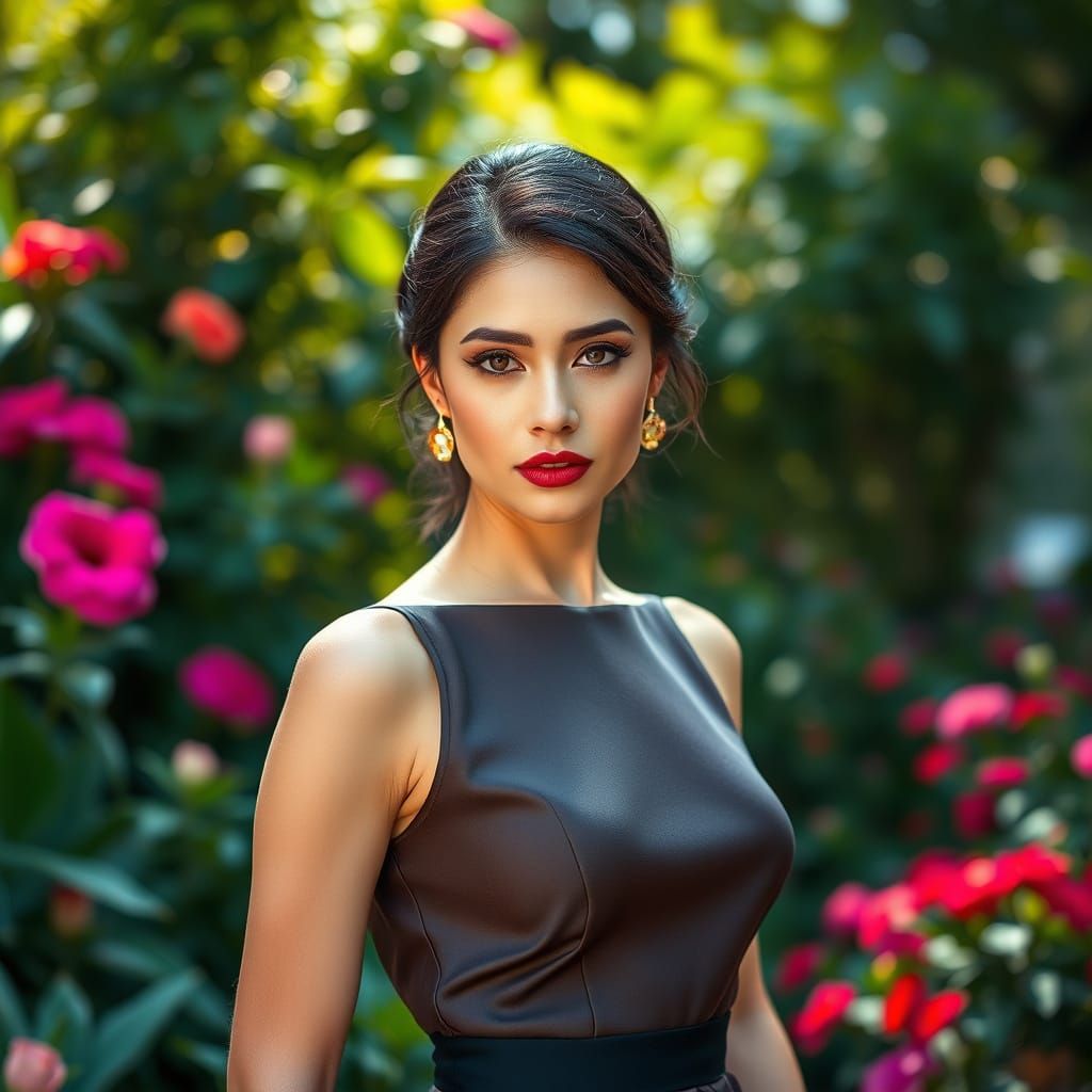 Elegant Lady in a Lush Garden Setting