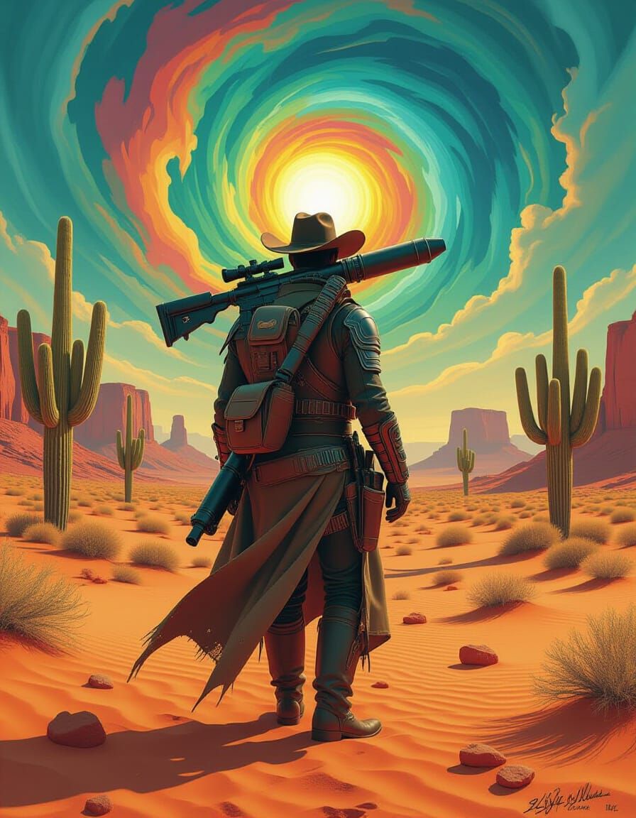 Surreal Cowboy with Missile Launcher in Dreamscape