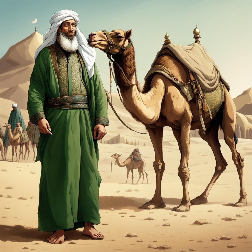Brave Caliph with Newborn in Desert Oasis