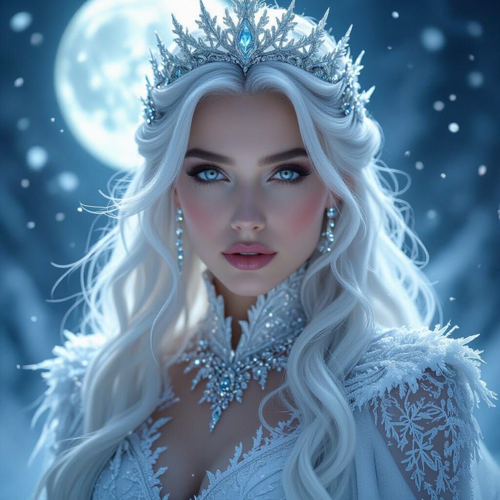 Majestic Snow Queen with Sapphire Eyes in Ethereal Moonlight