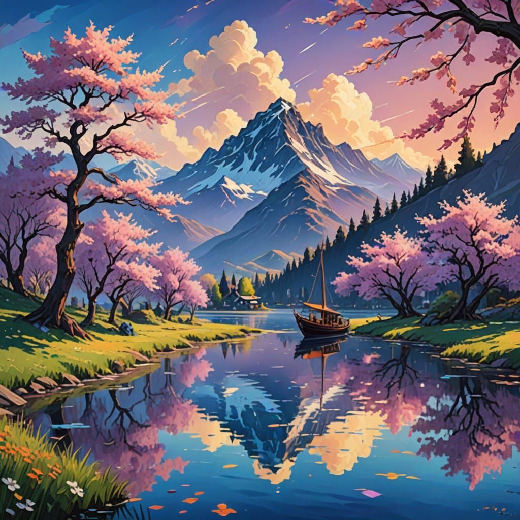 Sailboat in Serene Cherry Blossom Landscape at Golden Hour