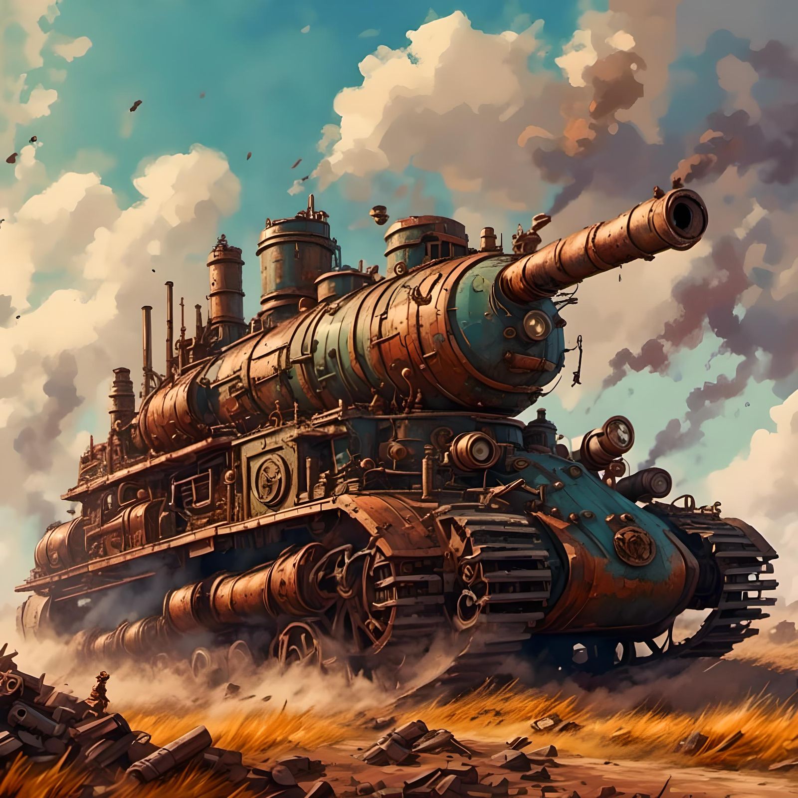 Dieselpunk Steam Tank Fires Skyward in Vivid Color