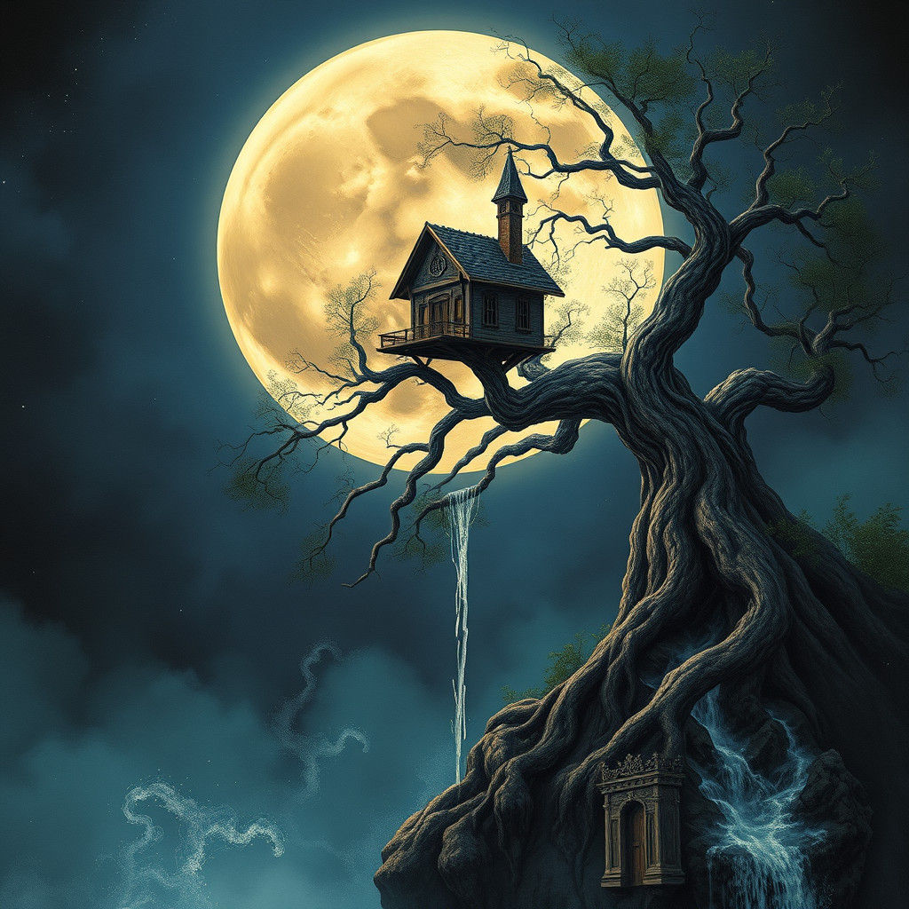 Fantasy Moonscape with Victorian House and Waterfall
