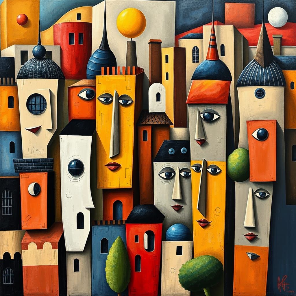 Cubist Cityscape with Face Buildings in Bold Colors