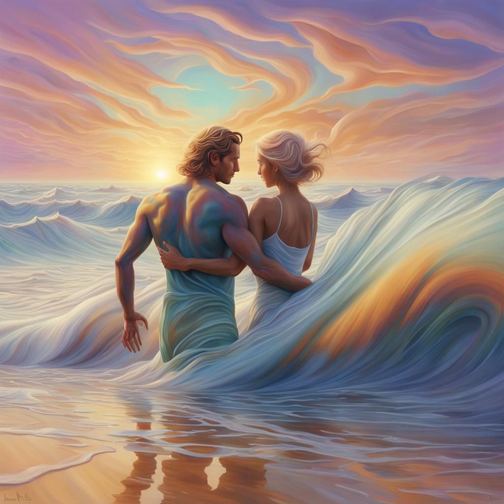 Romantic Embrace in Iridescent Waves, Surrealist Style