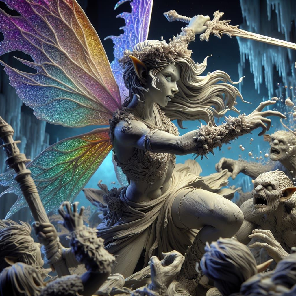 Warrior Fairy vs Goblin Wax Sculpture Diorama