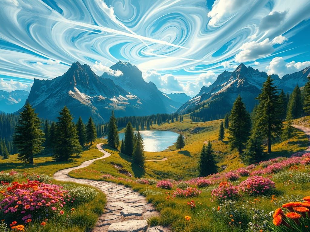 Alpine Lake Landscape with Winding Mountain Paths