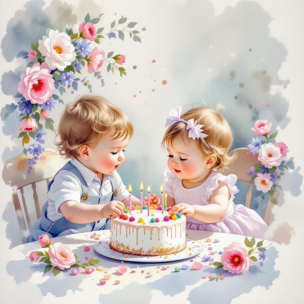 Ethereal Birthday Party with Sister and Flowers in Watercolo...